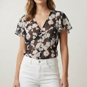 CHAPS Floral Sheer V Neck Button Down Blouse